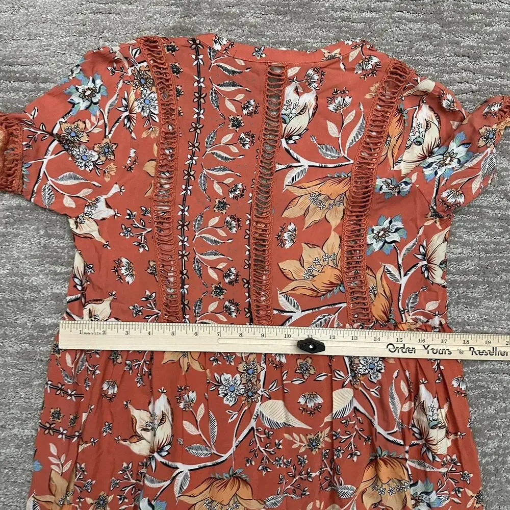 Jaase Dress Womens Small Rust Floral Boho Ruffle Hem Summer Lace Cut Out - Picture 11 of 13